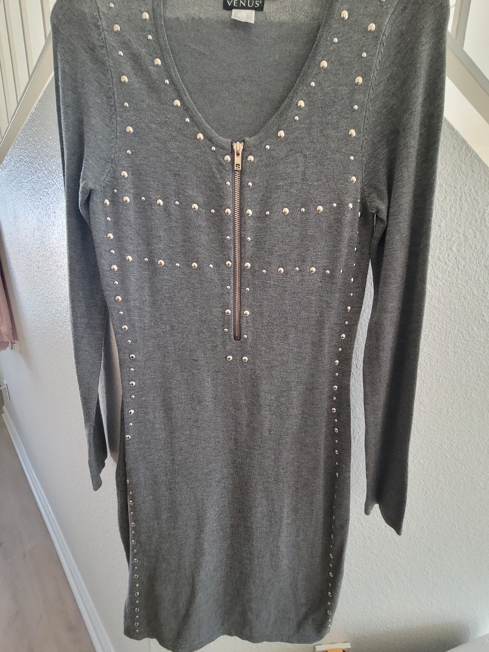 VENUS Gray Studded Zip-Front Sweater Dress